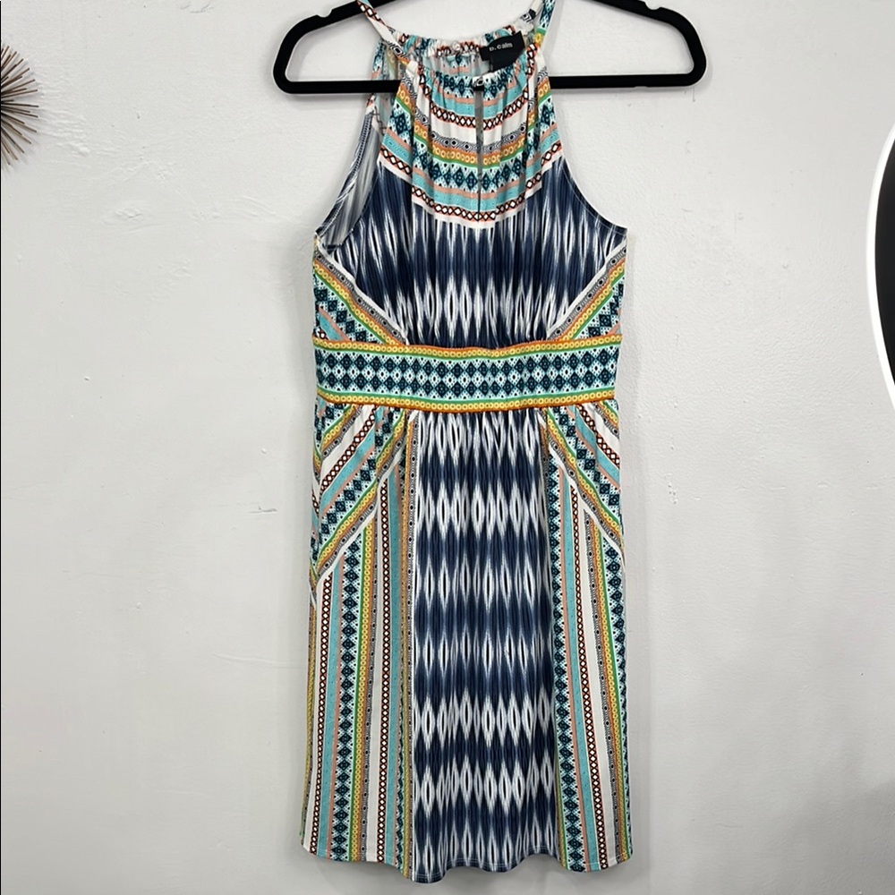 B.calm Blue and White Sheath Halter Dress stretch